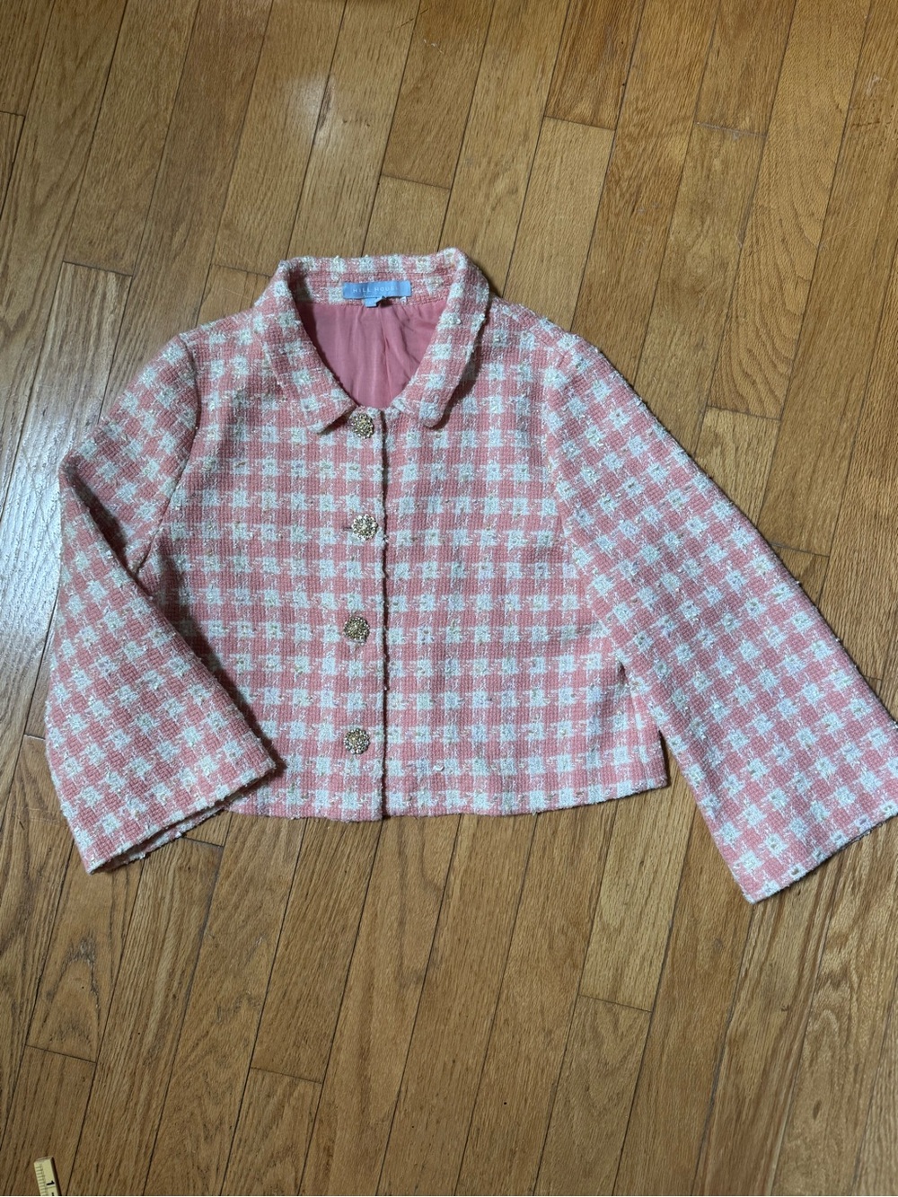 Hill House Womens Bea Jacket Pink Tweed Plaid Front Button Wide Sleeve L Preppy